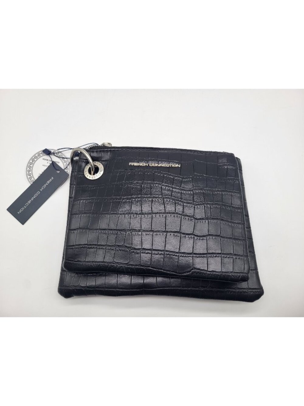 French Connection Dale Double Slim Pouches Croc Print Black Travel Accessory - Picture 1 of 9